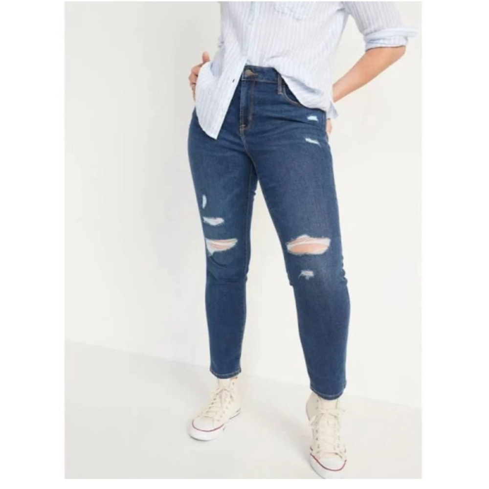 Size 20 midrise Old Navy Power Slim Straight blue jeans distressed whiskered